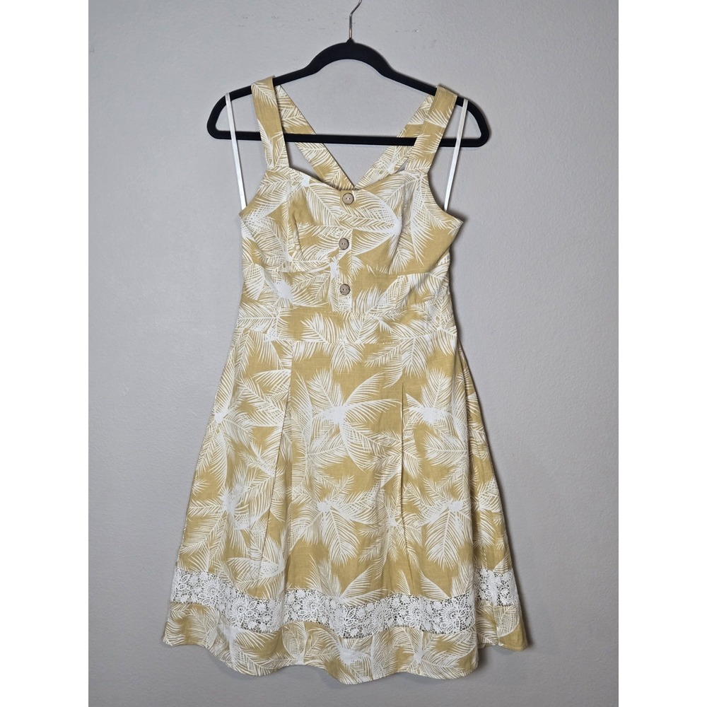 Tropical Vacation Sundress Sz S Floral Yellow Cotton Cross Back Lace Tier Resort
